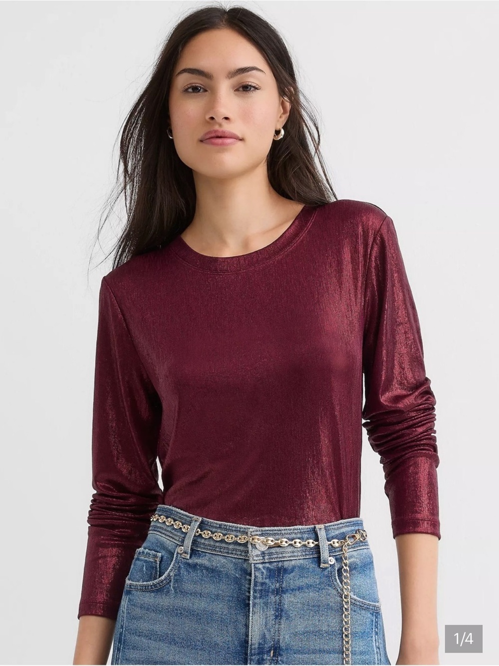 LOFT Metallic Wine Burgundy Deep Red Cherry Long Sleeve Tee Sz M NWT